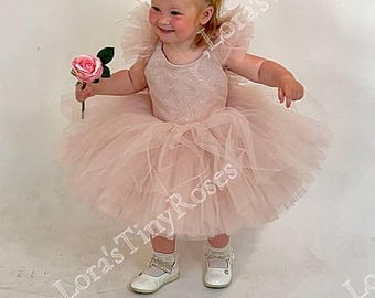 Blush Rose Tulle Baby Dress, Toddler First Birthday Dress, Flower Girl dress, Party blush pink gown, Prom Gown, Pageant Baby Outfit