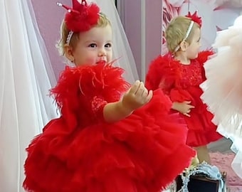 Kinder rotes Kleid Ruffld bauschiges rotes Kleid 1st Birthday mit abnehmbare Schleppe Blumenmädchen rotes Kleid Feierliches Babykleid für Fotoshooting