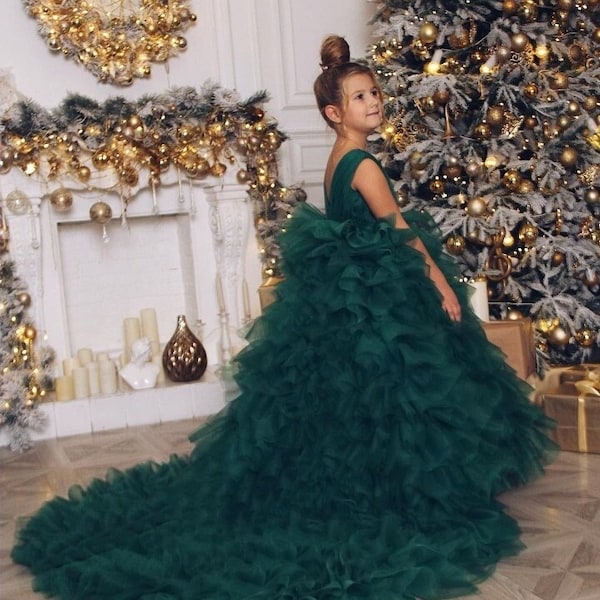 Christmas emerald  girl dress with ruffled train Wedding green long girl dress  Birthday baby dress Magic Baby Photo shoot dress with train