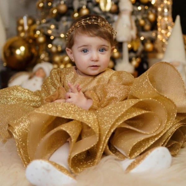 First Birthday gold baby dress Toddler sparkling gold dress Baby first birthday dress Baby tulle ball gown Photo shoot baby Smash cake dress