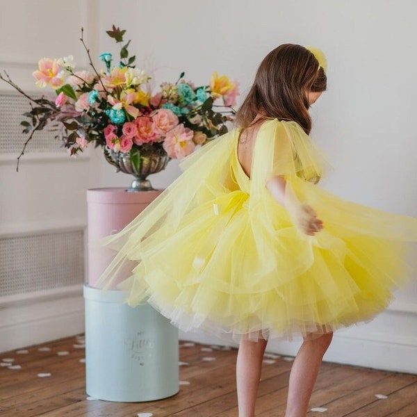 Baby yellow birthday dress Baby short puffy holiday dress with wings Babygirl photoshoot Flowergirl peach dress Fashion babygirl dress