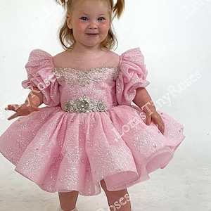 Pink Toddler Dress, Baby Pageant Puffy Dress, Birthday Party Dress, Fashionable Sleeve Dress, Sparkling Short  Baby Dress, Flower Girl Dress