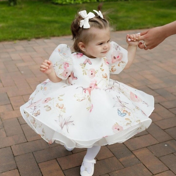 First Birthday baby dress with butterflies and flowers Spring flower baby dress Wedding flower girl dress White dress with flowers pattern