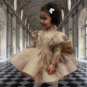 Gold Baby Kleid, ersten Geburtstag Kleid, Mädchen Party Kleid, kurze geschwollene Kleid, Blumenmädchen Kleid, Kleinkind-Baby-Festzug-Kleid, Fotoshooting Baby