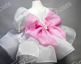 1st Birthday white dress with pink bow, Floral dress pageant spring, Flower girl dress with butterflies and flowers, Toddler white dress