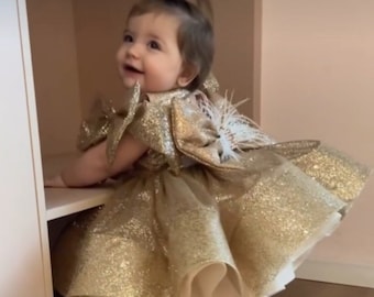 Robe pour premier anniversaire de bébé, robe de bébé dorée pour premier anniversaire, robe dorée scintillante pour tout-petit, robe avec nœud en tulle pour bébé, séance photo, robe de gâteau Smash pour bébé