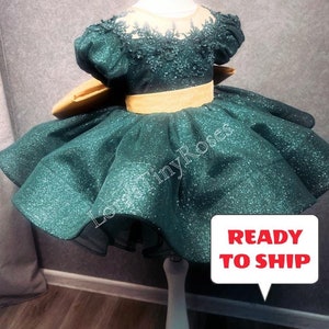 Ready to ship, Emerald Baby Gown, First Birthday Dress, Toddler Green Dress, Christmas Baby Dress. Photoshoot  Baby, Girl Sparkling Outfit