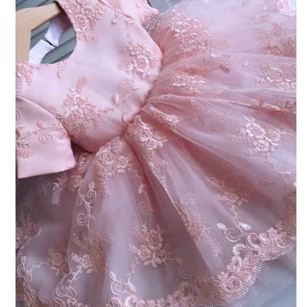 Pink Lace Gathered Dress For Baby Girls