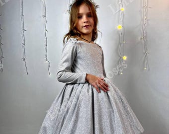Christmas white glitter girl dress, white silver gown, Birthday girl dress, Party girls dress, Little princess dress, Party dress Sale -50%
