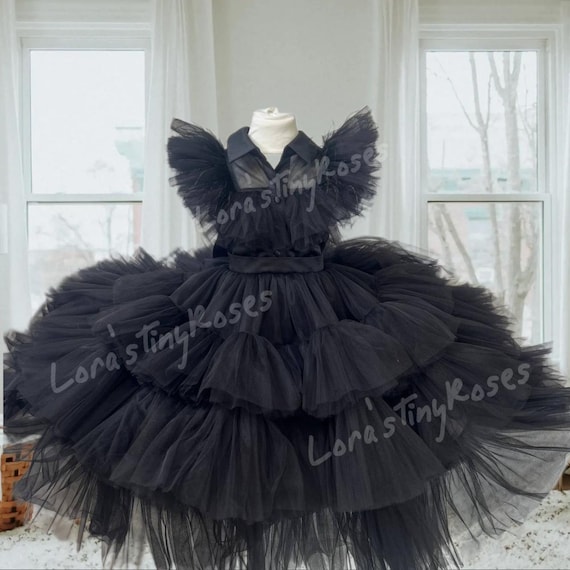 black spooky dress Halloween Cosplay Costume, Gothic Black Ruffle Dress for Girls, Spooky Layered Outfit, Halloween Tulle Costume, Black Tulle Pageant Dress