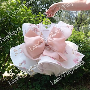 Floral baby dress  Spring, First Birthday dress with butterflies and flowers, Wedding Flower girl dress, White dress with flowers print