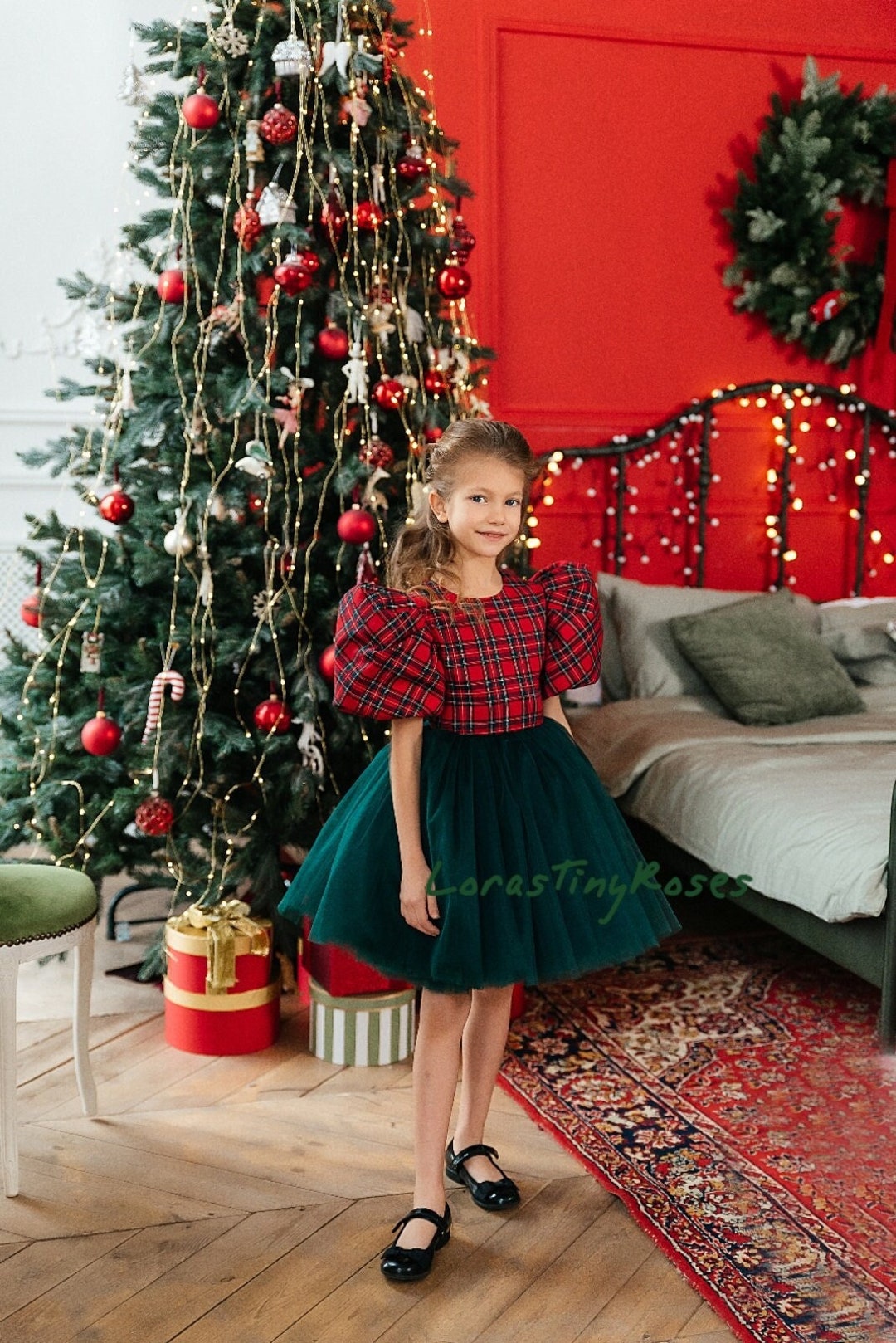 Plaid Christmas Baby Girl Gown, Photoshoot Christmas Dress, Flannel Girl Dress, Short Puff Sleeve, Tutu Toddler Xmas Outfit