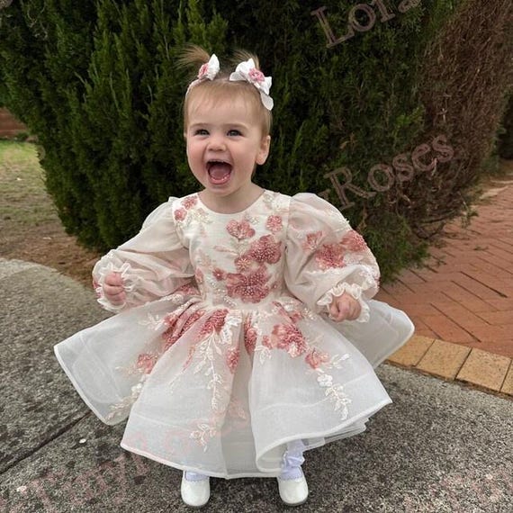 ivory birthday dress First Dress, Baby Pageant Outfit With Coral Lace, Flower Girl Dress, Toddler Puffy Shiny Dress, Special Occasion PROM underwired cups
