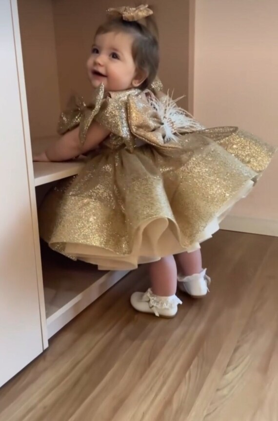 Vestido dorado navideno para bebe Vestido de tul brillante para nina con lazo grande Vestido dorado