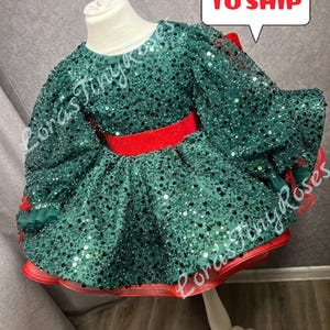 Ready to ship, Red Green Baby Dress, Sparkling Girls Outfit, 1st Birthday Party Dress, Special Occasion Gown, Photoshoot Baby Dress