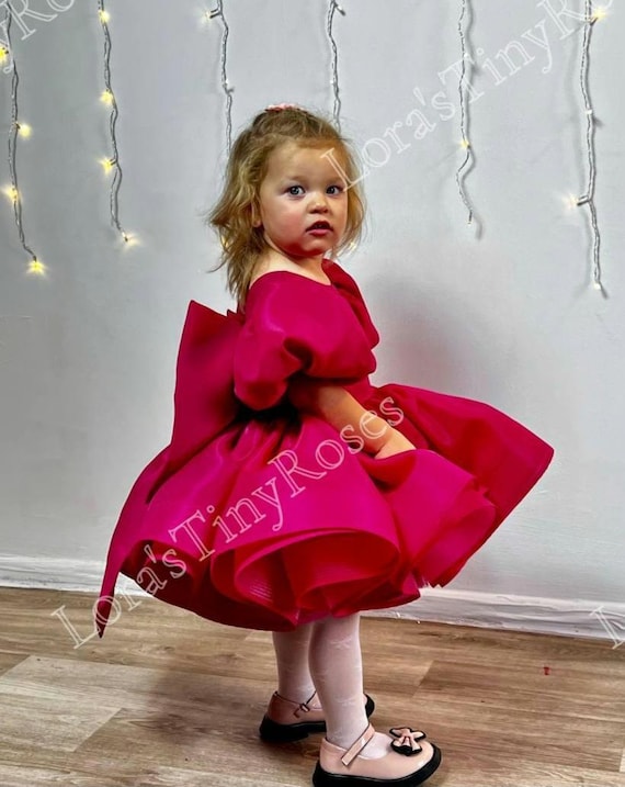 bright birthday dress Hot pink baby dress , 1st Birthday dress extra puffy, Toddler party dress, Girl pageant outfit, Prom gown, Big bow dress for Photoshoot