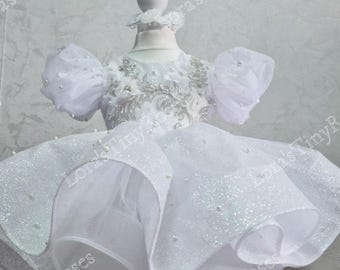 Christening dress, Blessing dress baby gift, white sparkling girl dress, First Birthday dress, Flower Girl dress, Pageant toddler dress