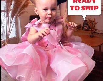 Hearts Baby Dress, 1st Birthday Dress with Hearts 9-12, Party Girl Dress, Toddler Special Occasion Gown, Photoshoot baby, Ready to ship