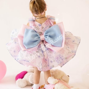 1st Geburtstag Baby Blumenkleid rosa blau mit einer großen Schleife, Fee Kleinkind Kleid, extra bauschiges Kleid, Party Mädchen Kleid, Festzug Baby Mädchen Kleid