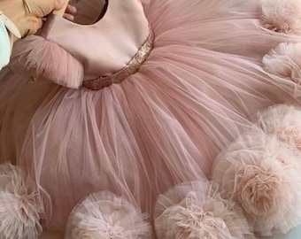 Robe de premier anniversaire Robe rose poudré pour tout-petit Robe de princesse rose beige Robe pour petite fille avec pompons en tulle Séance photo robe de bébé demoiselle d'honneur