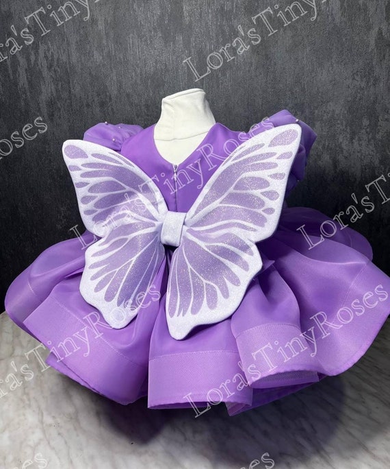 purple butterfly mini dress 3D Butterfly V-Neck Short Puff Sleeve Dress by Juliet 901