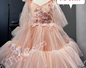 Tulle peach dress 12-18, Girl birthday dress, Flower Girl dress, Beige toddler tulle dress, Baby photoshoot, Pageant gown ready to ship
