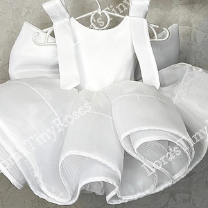 White First Birthday dress with bows and rhinestones, Modern christening gown, Flower girl dress, Wedding baby dress, Baby dress photoshoot