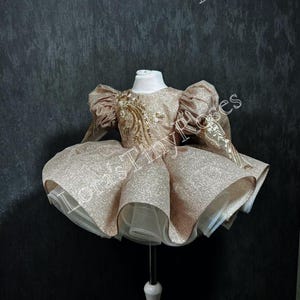 Gold Christmas Dress, 1st Birthday Dress, Party Baby Girl Dress, Short Puffy Dress, Flower Girl Dress, Toddler Pageant Dress for Photoshoot