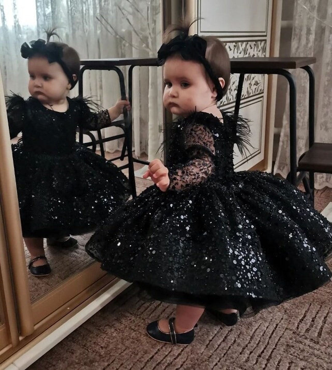 Sparkling Black Baby Dress With Pearls and Sequins Halloween Black