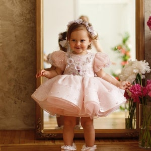 First Birthday sparkling  pearls baby dress Photoshoot Birthday baby dress First Birthday dress Toddler blush pink puffy dress