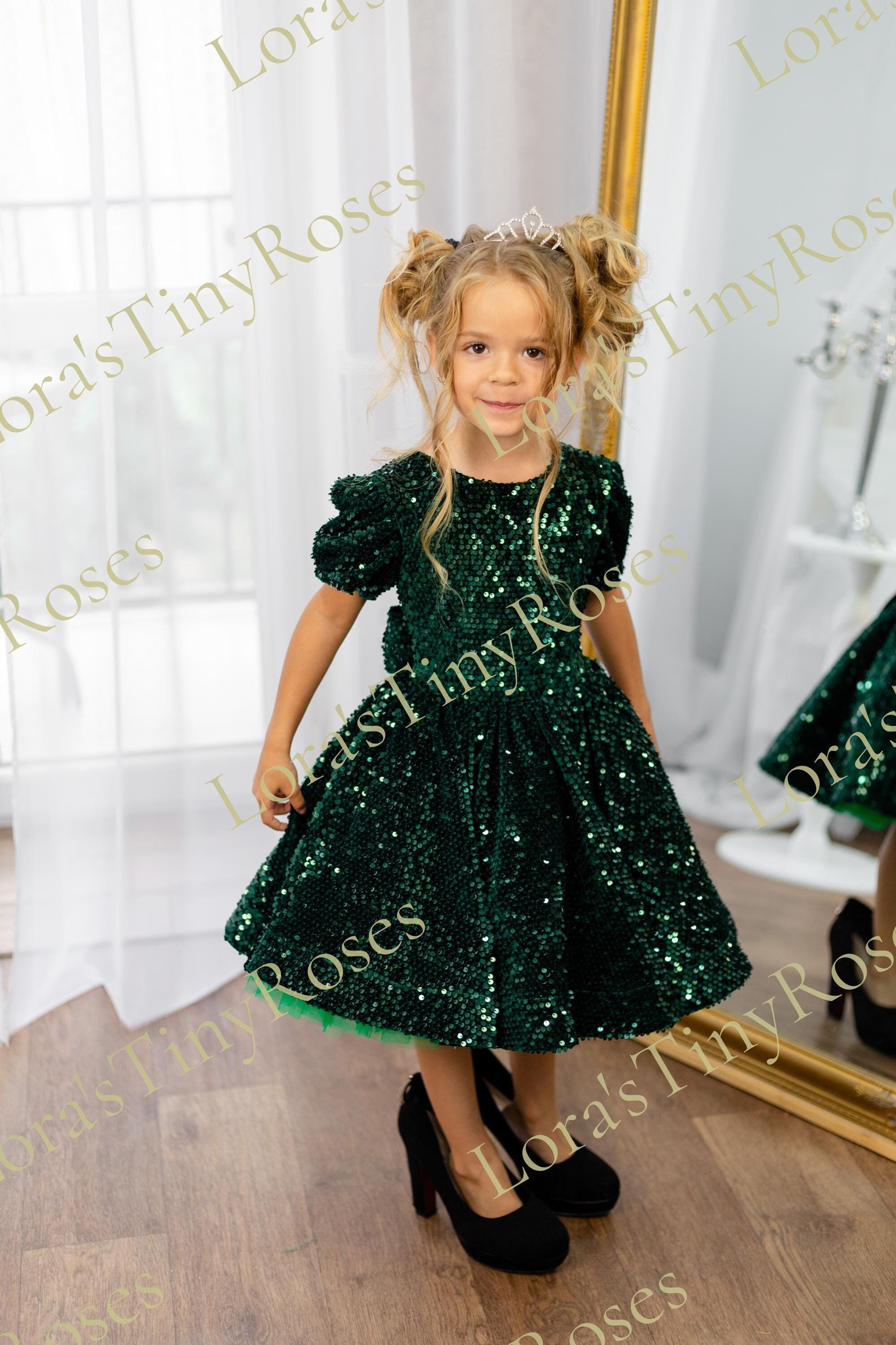 Christmas green baby dress Toddler sparkling soft velor dress with sequins Girls princess tulle dress Christmas Photo shoot baby girl dress