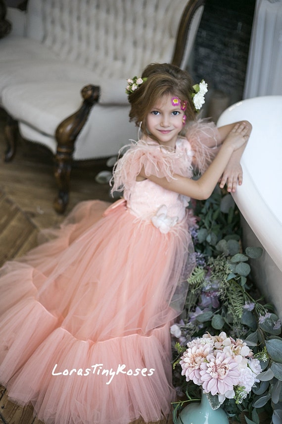 Peach Flower Girl Dress Baby Lace Guipure Dress With Butterflies