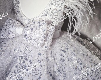 White sparkling dress, Glam birthday party dress, Toddler party gift dress, Special occasion girl outfit, Flower girl dress