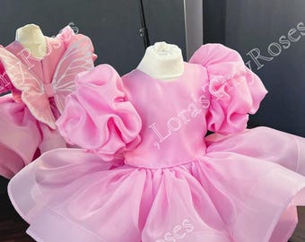 Toddler pink dress with butterfly wings, 1st birthday dress, Pageant toddler dress with puffy sleeves, Butterfly style baby special occasion
