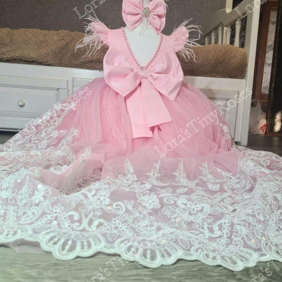 Babygirl First Birthday Dress Baby Event Pink Dress With White Lace Train Pink or Any Color Outfit for Baby Flower Girl Pink Tulle Lace Gown Etsy