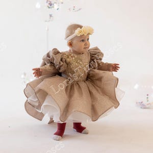 Gold Christmas Dress, 1st Birthday Dress, Party Baby Girl Dress, Short Puffy Dress, Flower Girl Dress, Toddler Pageant Dress for Photoshoot
