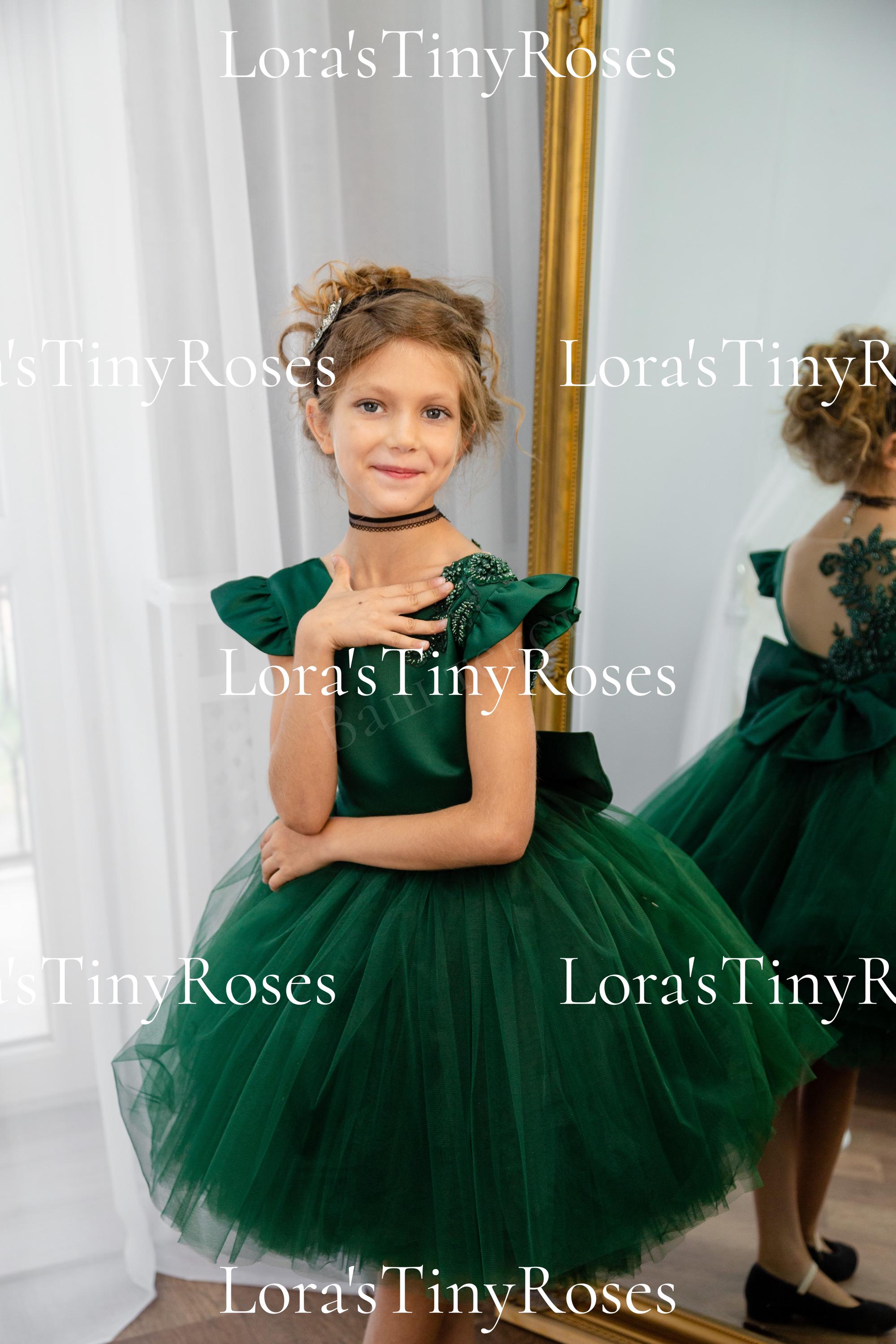 Christmas baby green dress trendy, Toddler emerald dress, Party green girl dress, Beaded applique puffy dress, Girls pageant Photoshoot gown