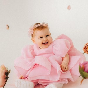 Erster Geburtstag rosa Kleid Kleinkind rosa bauschigen Kleid mit einem großen Bogen Mädchen bauschigen tüll Outfit Fotoshooting Baby Kleid Smash Kuchen Kleid Bild 3