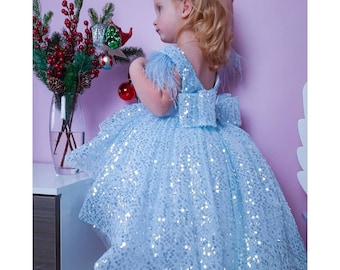 Birthday Baby Sparkling Dress Pageant Turquoise Baby Dress Toddler Tulle Hi Low lenght Sparkling Sequins Dress Smash Cake Dress Photoshoot