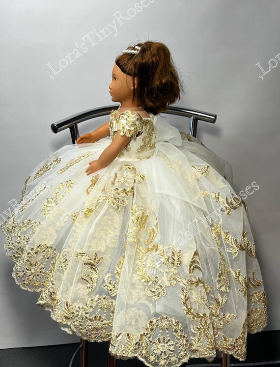 Quinceanera Doll Dress Champagne Gold, Custom Last Doll Dress, Doll 18 Inc Fancy Outfit, Doll Dress With Lace Train, Sequined Doll Gown - Etsy Quinceanera Doll Dress Champagne Gold, Custom Last Doll Dress, Doll 18 Inc Fancy Outfit, Doll Dress With Lace Train, Sequined Doll Gown - Etsy