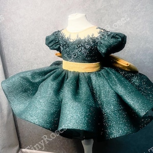 Baby Christmas Green Gown, Gold Bow Baby Dress, First Birthday Dress, Toddler Emerald Dress, Photoshoot Baby, Flower Girl Dress, Shiny Dress