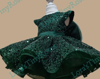 Christmas Green Baby Dress Photoshoot Green Baby Dress 1st Birthday Party Dress Sparkling Toddler Outfit Special Occasion Short Puffy Dress