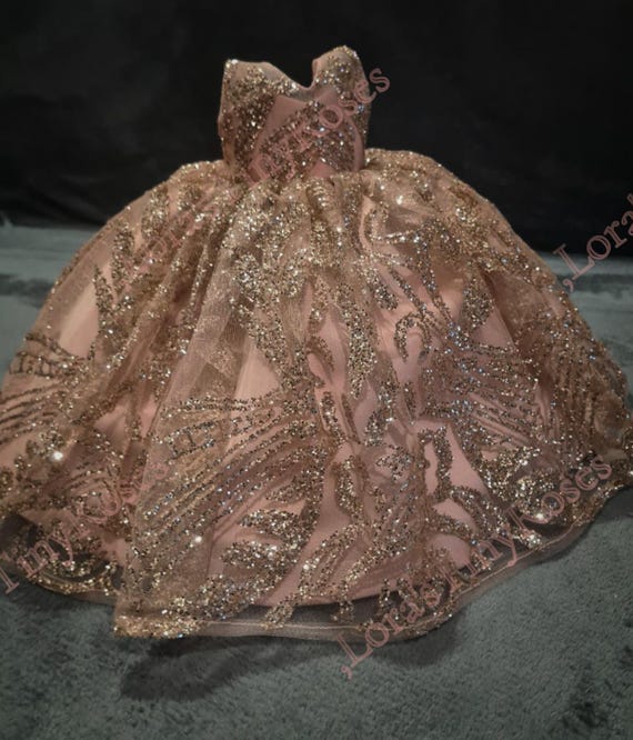 Quinceanera Doll Dress Rose Gold, Beautiful Doll Сustom Lace Dress, Doll Fancy Dress, Quinceanera Dress Bears, Sparkling Teddy Bears Gown