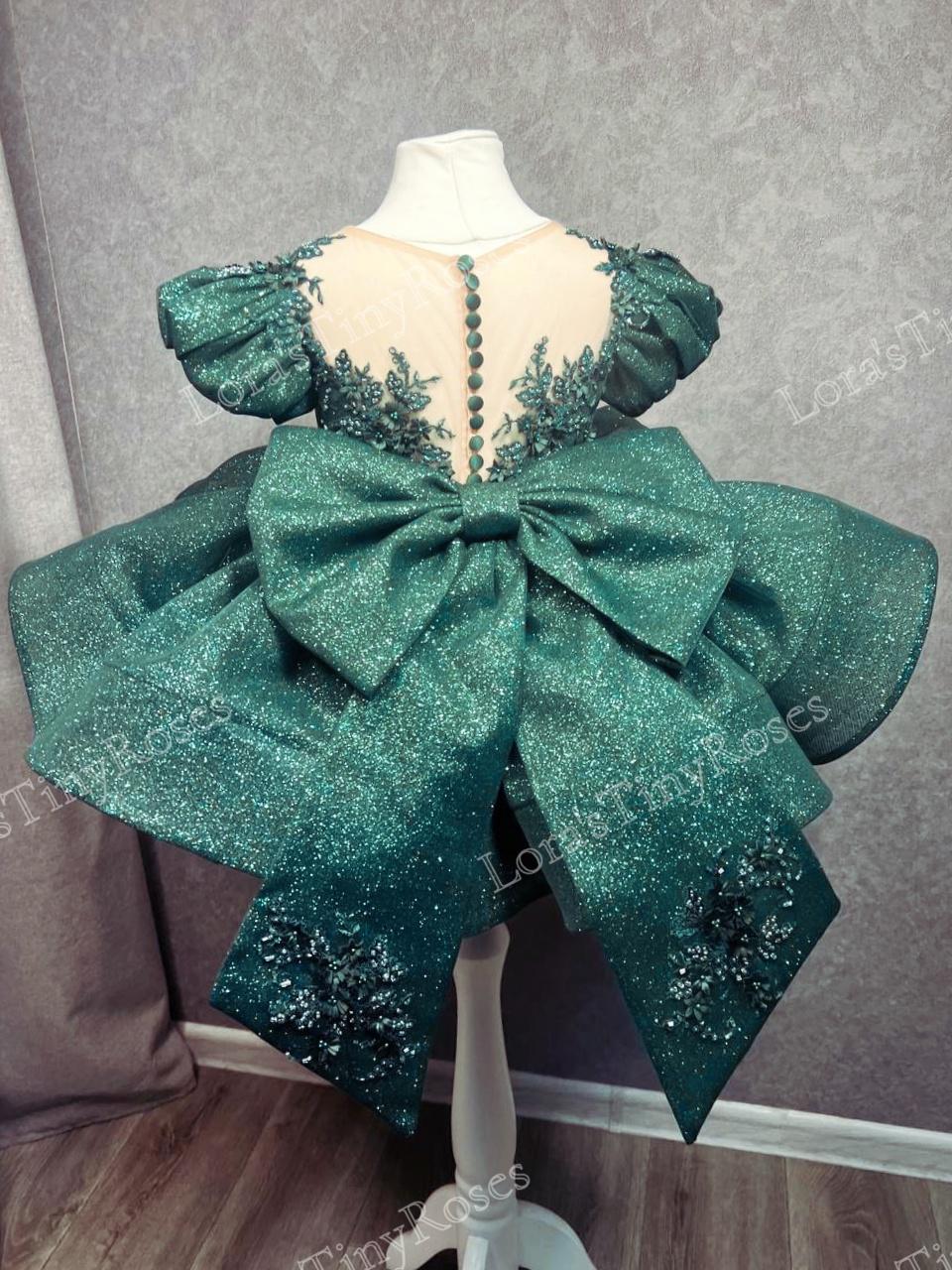 green emerald velvet dress Baby Dress with Lace Applique and Fluffy Sleeves by Tiptop Kids main image 0