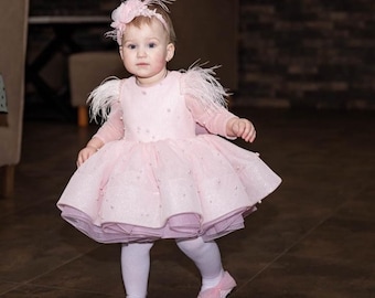 Robe de premier anniversaire rose poudré, Robe de Noël pour tout-petit, Robe bébé en tutu en tulle, Robe bébé en perles, Robe d'anniversaire pour fille, Photo de robe pour bébé