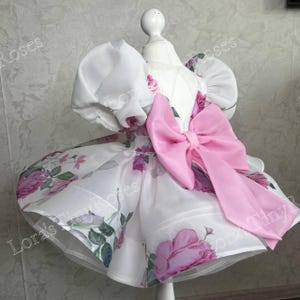 Geblümtes Geburtstagskleid mit Rosen, Blütenorganza Babykleid, Hochzeit Blumenmädchenkleid, weiß rosa Tüllkleid, Smash Kuchenkleid Fotoshooting