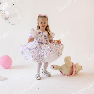 lilac floral baby dress with butterfly bow, 1st Birthday baby dress, Special occasion baby dress, Puffy organza dress, Girl dress spring