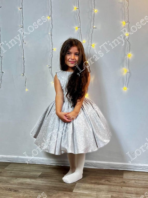 girls silver holiday dress White And Toddler Christmas White Glitter Girl Dress, White Silver Gown, Birthday Girl Dress silver girls sequin party dress