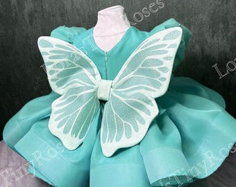 Robe d'anniversaire menthe avec ailes, robe papillon pour le 1er anniversaire, robe de fête pour tout-petit, robe courte fée, robe pour séance photo d'anniversaire de bébé
