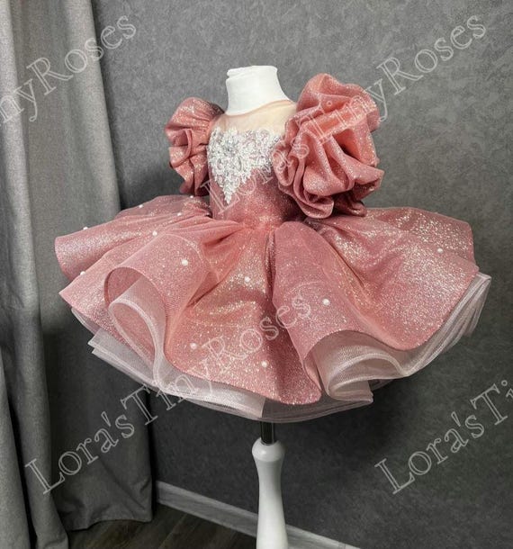 Rose Gold First Birthday Dress, PROM Fashion Gown Girl in Any Color, Puffy Sleeves Gown, Flower Girl Dress, Tutu Glitter Dress Charming